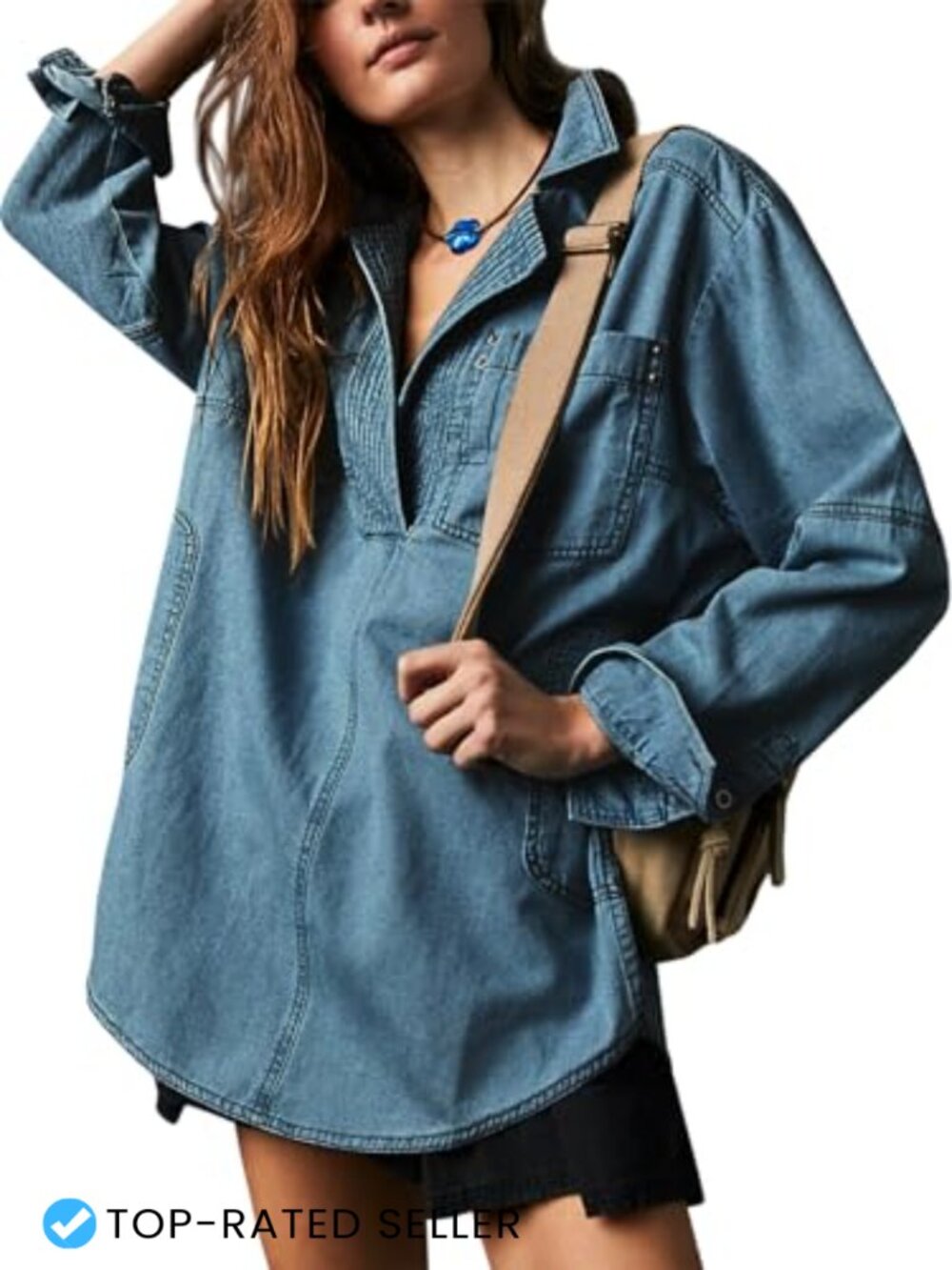 Women's Denim Jacket Long Sleeve V Neck Loose Fit Pullover with Pockets